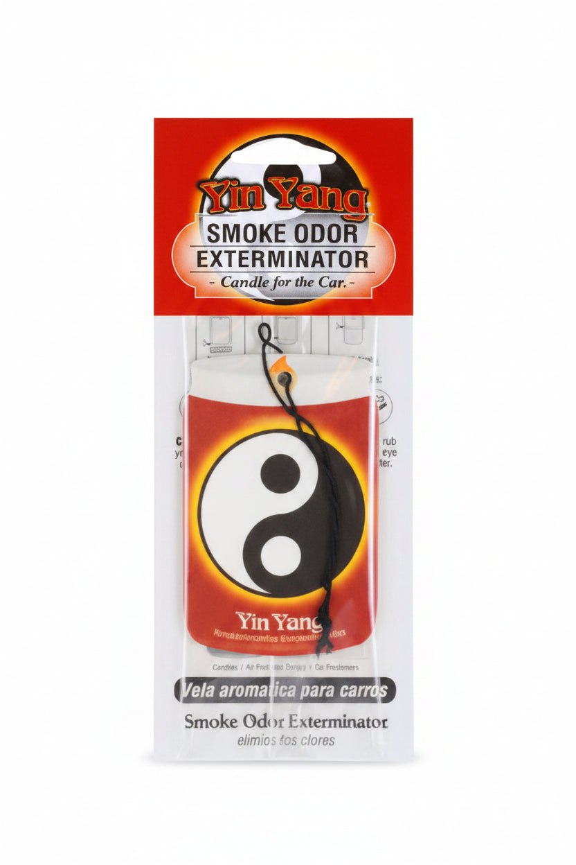 Yin Yang Smoke Odor Exterminator car candle in its original retail packaging, featuring a red and white design with a black and white yin-yang symbol.