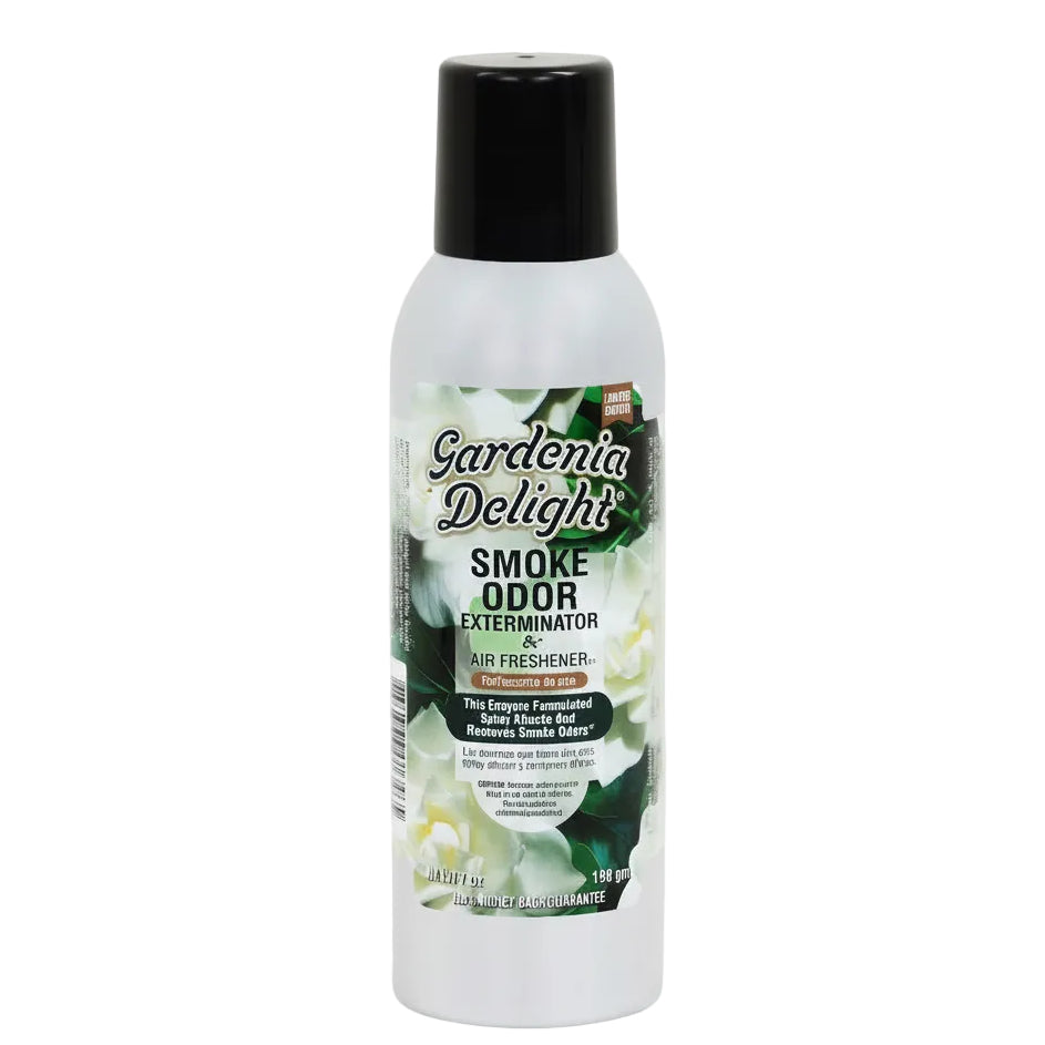Gardenia Delight Smoke Odor Exterminator spray bottle on a white background