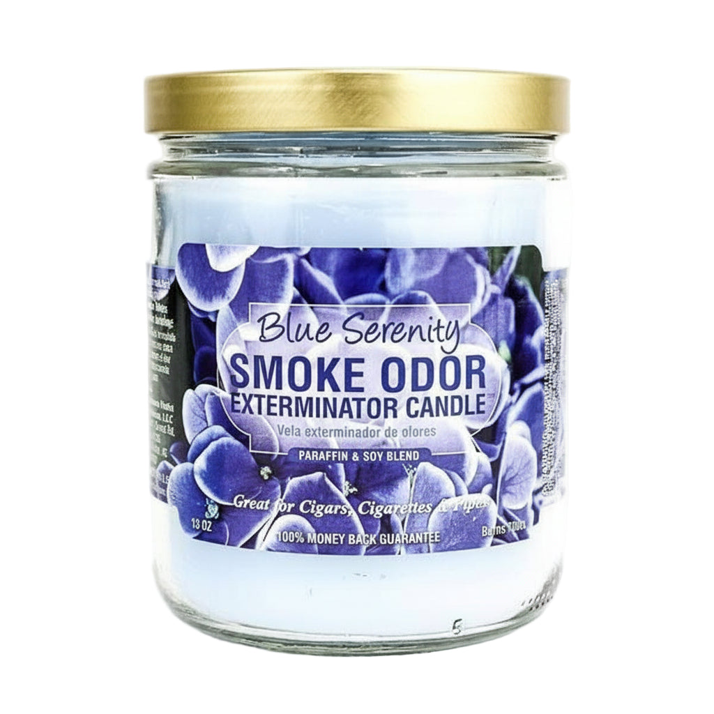 Smoke odor exterminator candle with a blue label on a white background