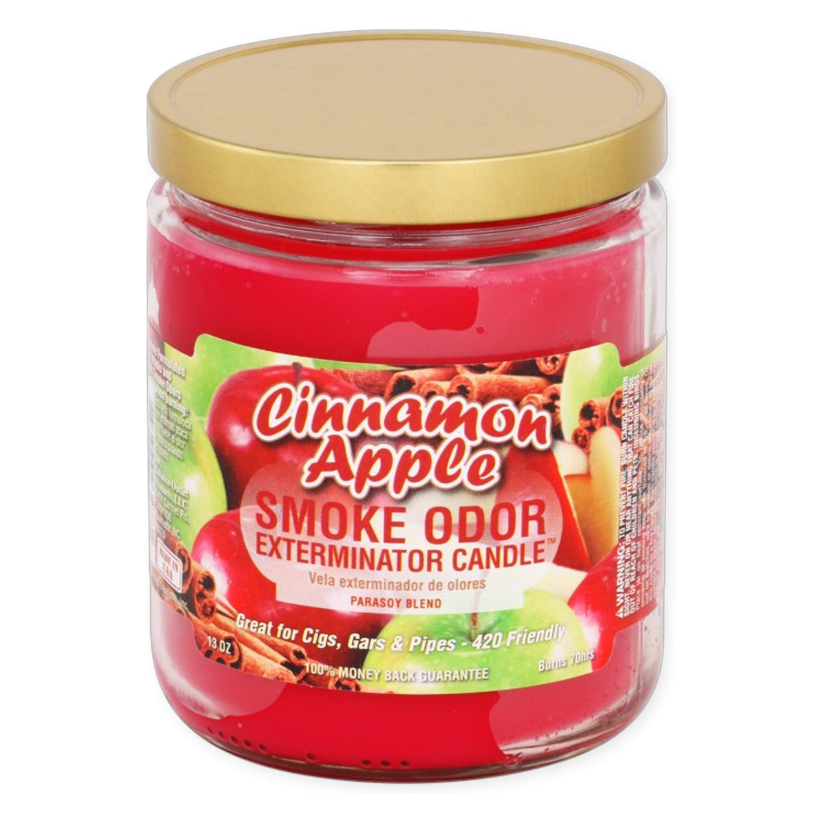 A jar candle labeled 'Cinnamon Apple Smoke Odor Exterminator Candle' with bright red wax, a gold lid, and apple/cinnamon graphics on the front label, shown on a white background.