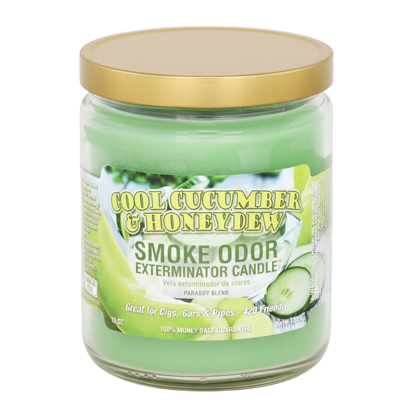 Candle jar labeled 'Cool Cucumber & Honeydew' with a gold lid on a white background