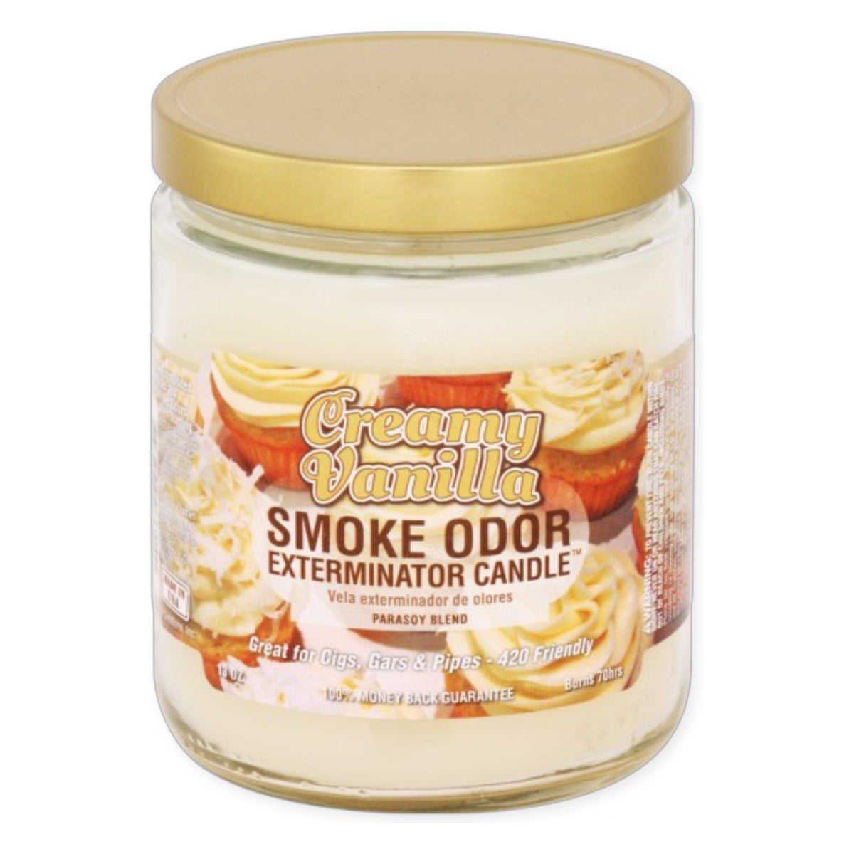 A jar candle labeled 'Creamy Vanilla Smoke Odor Exterminator Candle' with a gold lid and cream-colored wax inside, shown on a plain white background.