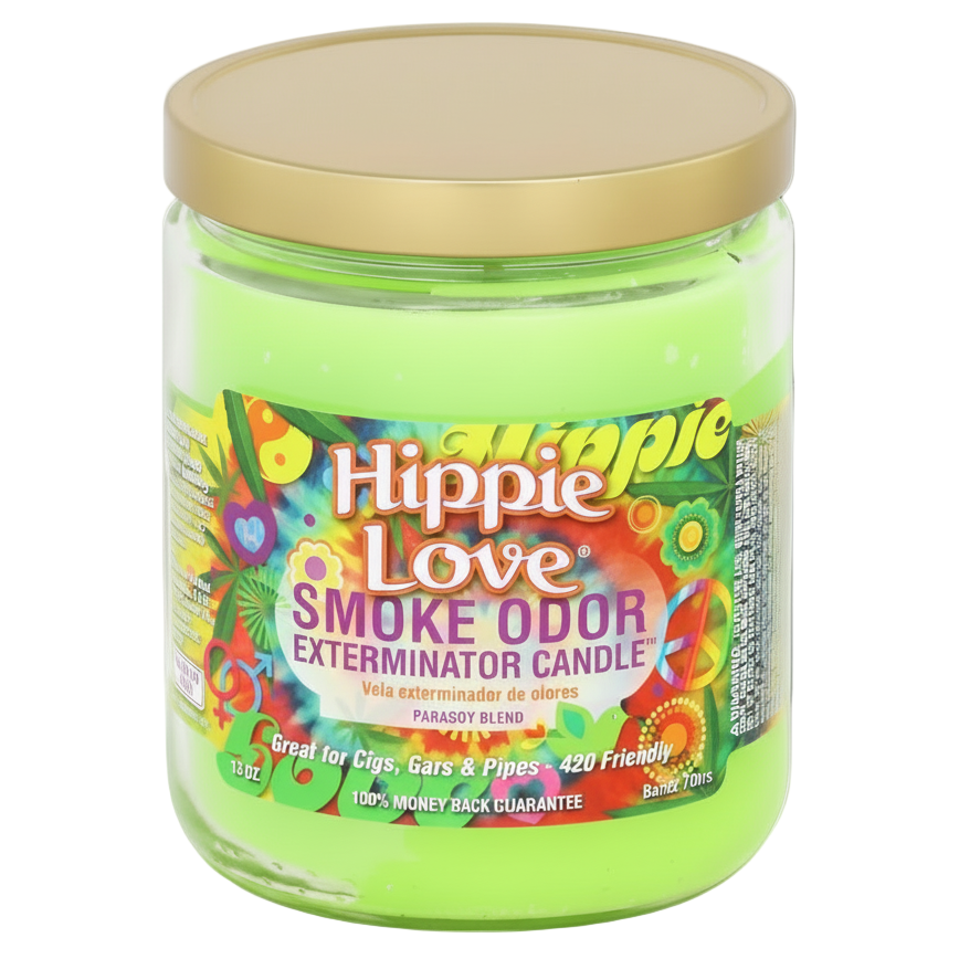 Hippie Love Smoke Odor Exterminator Candle with colorful label on a white background