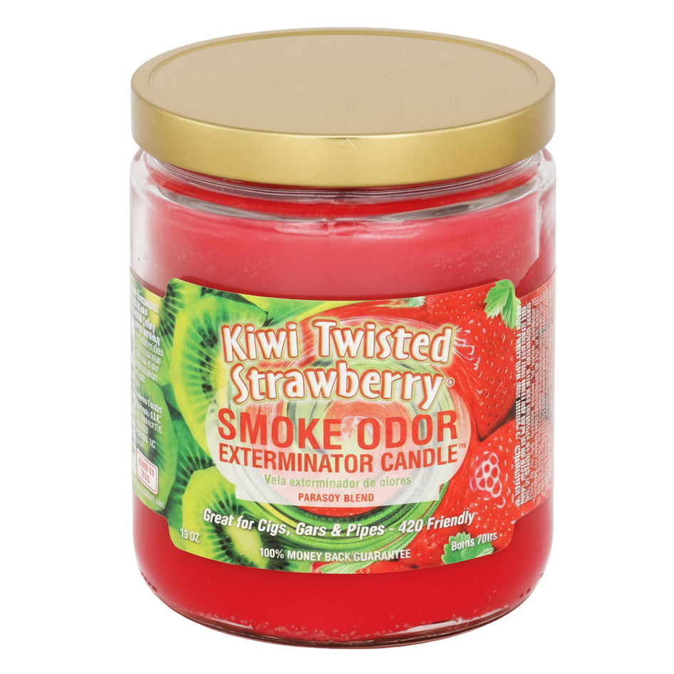 Kiwi Twisted Strawberry smoke odor exterminator candle with a gold lid on a white background