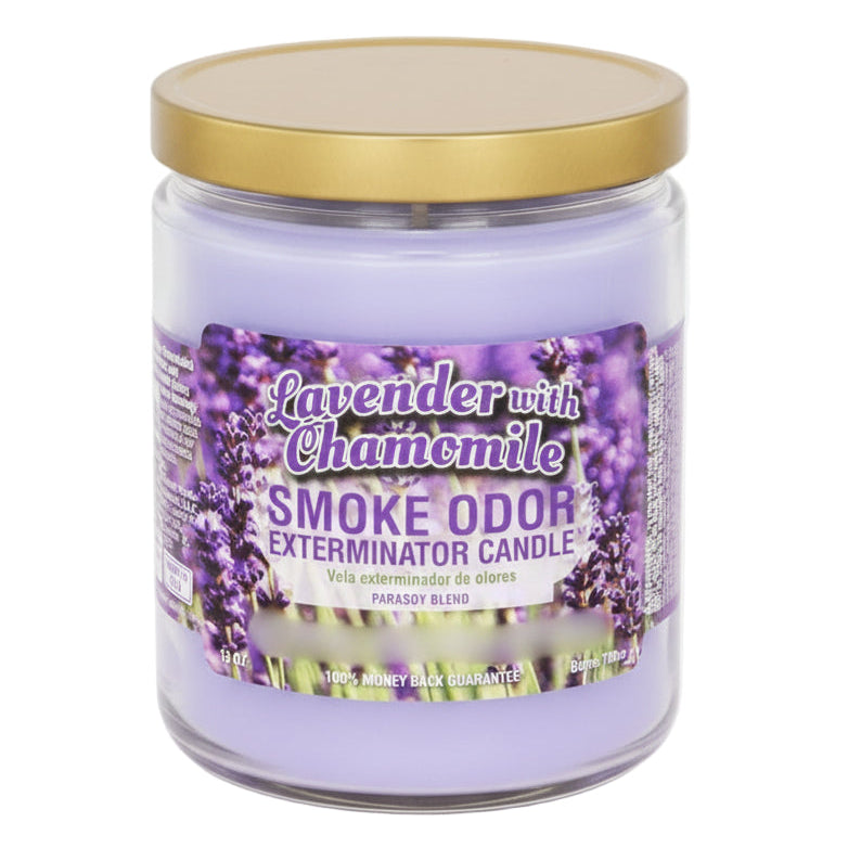 Lavender candle with gold lid on a white background