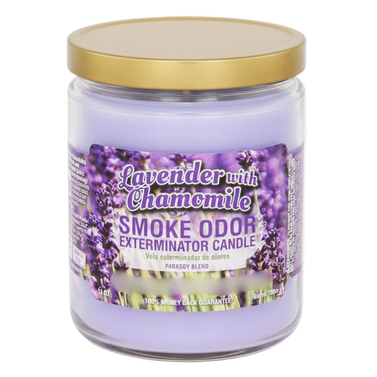 Lavender candle with gold lid on a white background