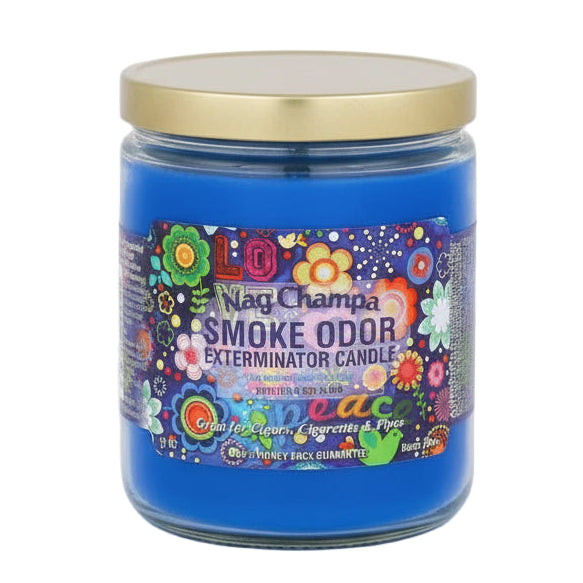 Blue candle jar with Nag Champa label on a white background