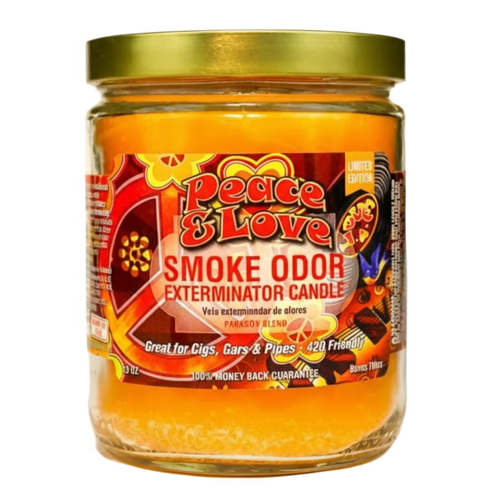 Jar of 'Peace & Love' Smoke Odor Exterminator Candle on a white background