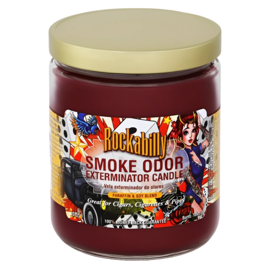 Jar of 'Rockabilly Smoke Odor Exterminator Candle' with colorful label on a white background