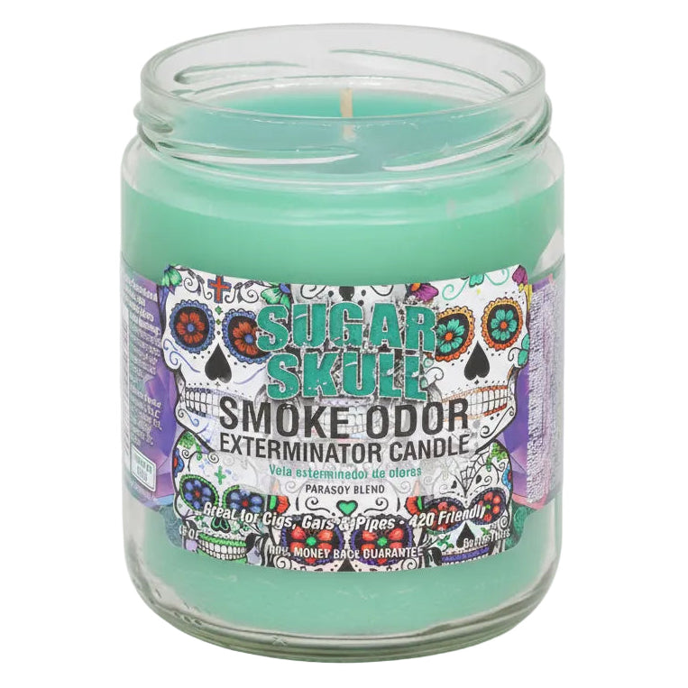 Candle in a glass jar with a colorful label on a white background - The Wee Smoke Shop