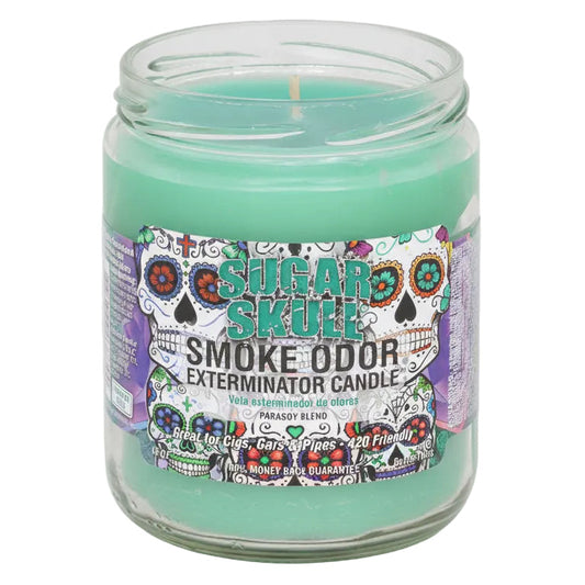 Candle in a glass jar with a colorful label on a white background - The Wee Smoke Shop