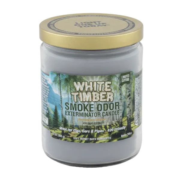 White Timber Smoke Odor Exterminator Candle with gold lid on a white background The Wee Smoke Shop