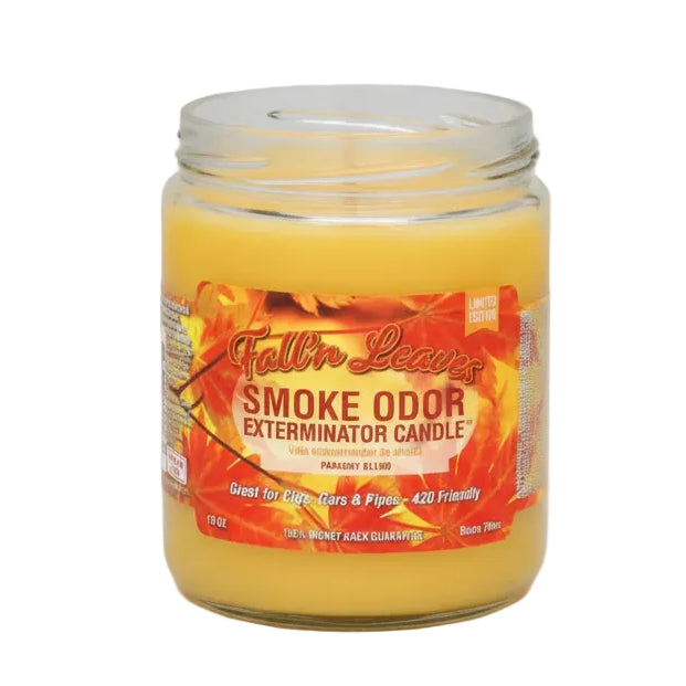 Jar of 'Falln Leaves Smoke Odor Exterminator Candle' with a colorful label on a white background. The Wee Smoke Shop