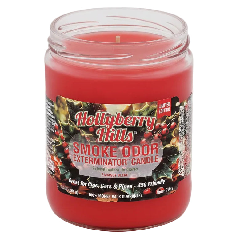 Red candle in a jar with 'Hollyberry Hills' label on a white background - The Wee Smoke Shop