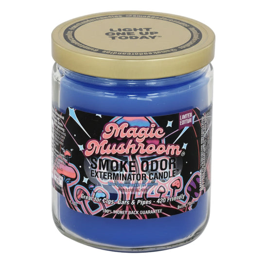 Blue candle in a glass jar with a decorative label on a white background
