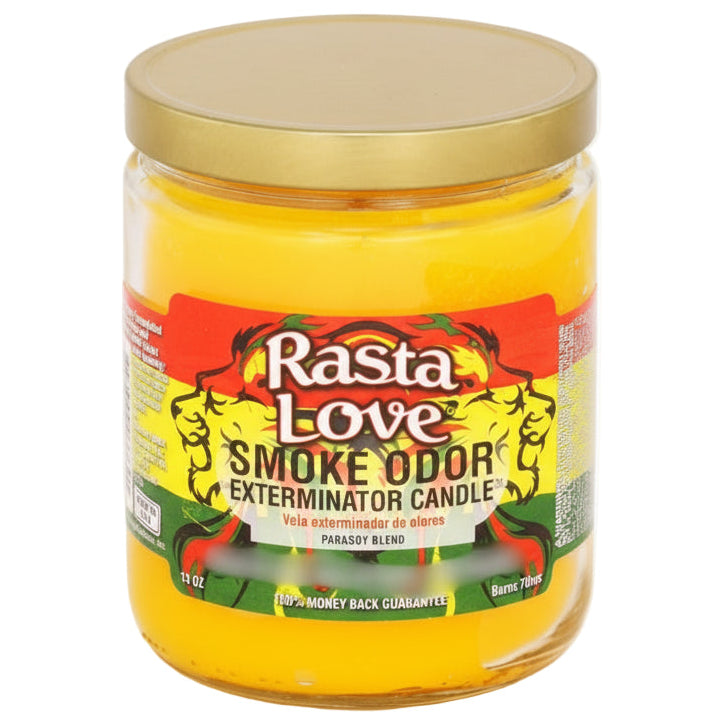 Rasta Love Smoke Odor Exterminator Candle with gold lid on a white background
