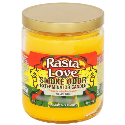 Rasta Love Smoke Odor Exterminator Candle with gold lid on a white background