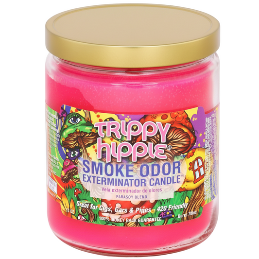 A glass jar candle with a gold lid and a colorful label reading 'Trippy Hippie Smoke Odor Exterminator Candle' on a white background.