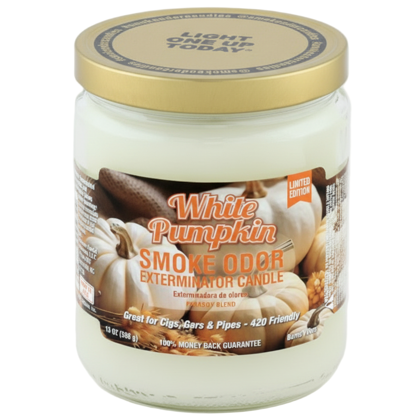 Jar of 'White Pumpkin Smoke Odor Exterminator Candle' with a gold lid on a white background The Wee Smoke Shop