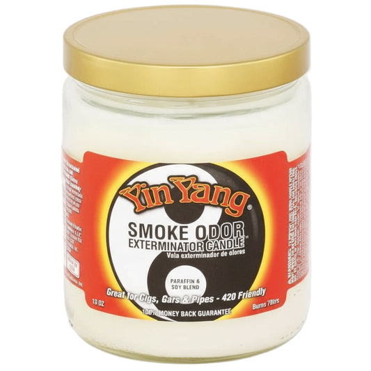 Jar of Yin Yang Smoke Odor Exterminator Candle with gold lid on a white background - The Wee Smoke Shop