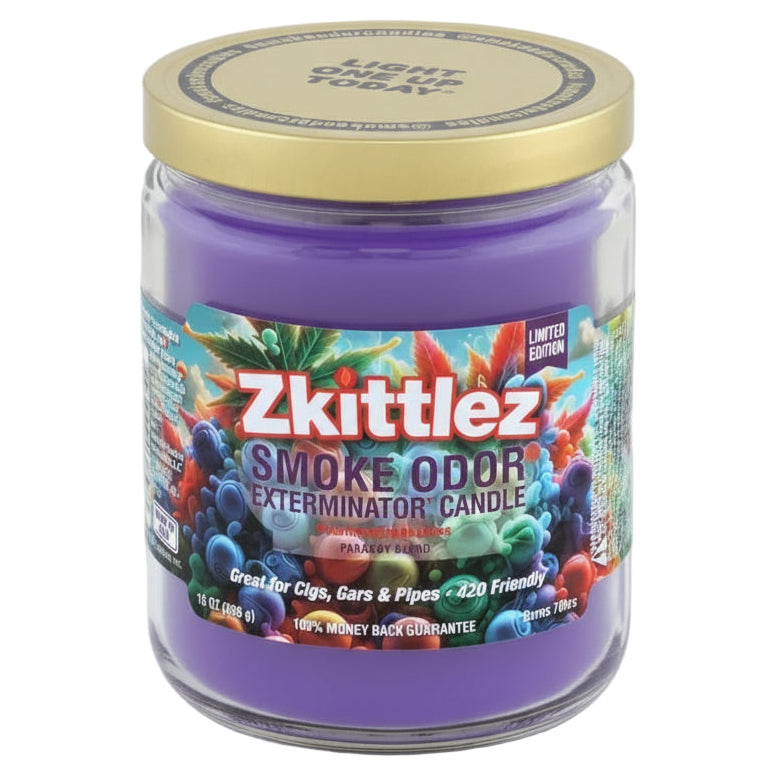 Zkittlez smoke odor exterminator candle with colorful label on a white -  The Wee Smoke Shop background