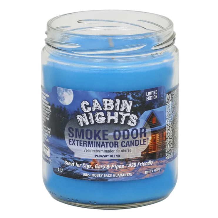 Blue candle in a jar labeled 'Cabin Nights Smoke Odor Exterminator Candle' on a white background. - The Wee Smoke Shop
