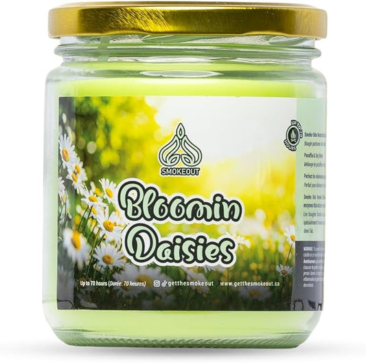SmokeOut Bloomin Daisies 13oz smoke odour eliminator candle in glass jar with gold lid and daisy label. - The Wee Smoke Shop