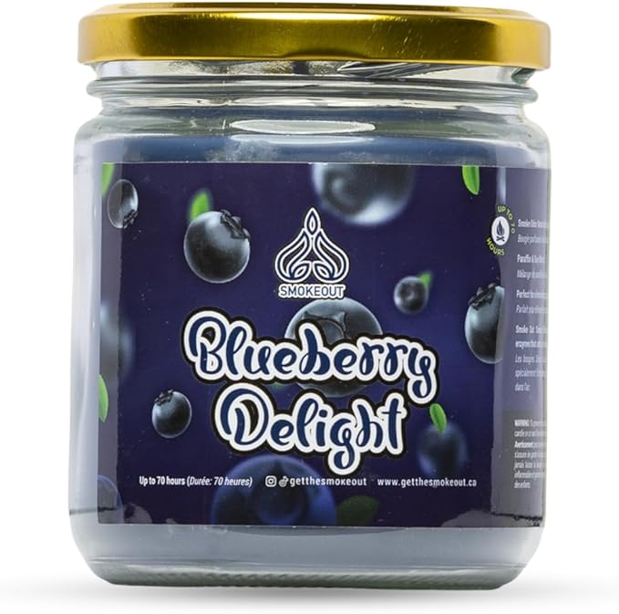 SmokeOut Blueberry Delight 13oz smoke odour eliminator candle in glass jar with gold lid and blueberry label. - The Wee Smoke Shop