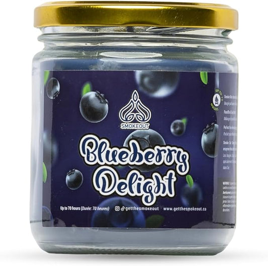SmokeOut Blueberry Delight 13oz smoke odour eliminator candle in glass jar with gold lid and blueberry label. - The Wee Smoke Shop