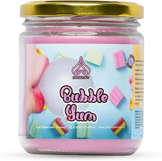 SmokeOut Bubble Yum 13oz smoke odour eliminator candle in glass jar with gold lid and bubble gum label. - The Wee Smoke Shop