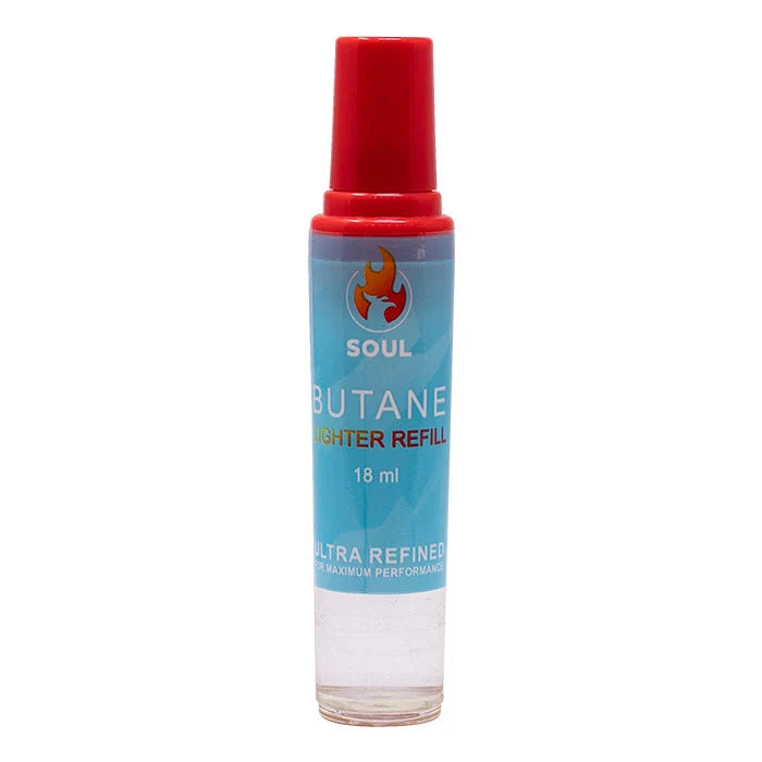 Soul brand Butane Lighter Refill 18ml bottle with a red cap and a light blue label, shown on a plain white background. The Wee Smoke Shop