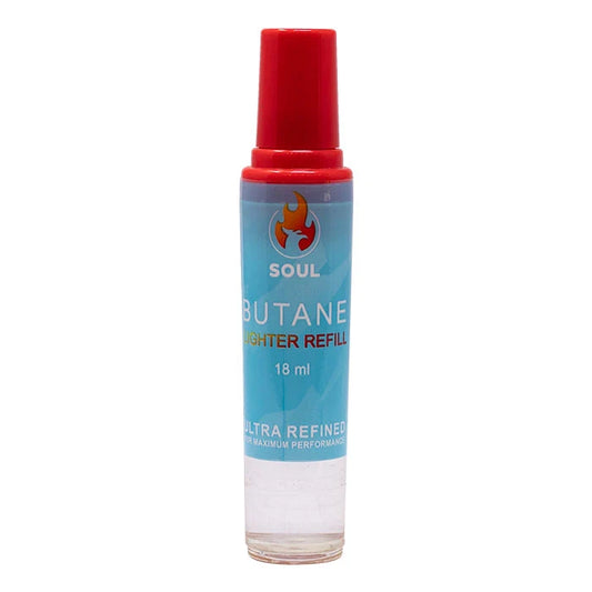 Soul brand Butane Lighter Refill 18ml bottle with a red cap and a light blue label, shown on a plain white background. The Wee Smoke Shop