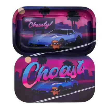  rectangular rolling tray with rounded corners, with matching magnetic cover. The trays feature a retro 1980s design with a blue sports car, palm trees, and large pink and blue 'Choast' lettering on a dark background.