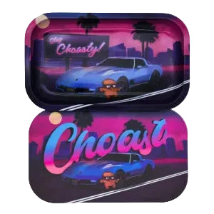  rectangular rolling tray with rounded corners, with matching magnetic cover. The trays feature a retro 1980s design with a blue sports car, palm trees, and large pink and blue 'Choast' lettering on a dark background.