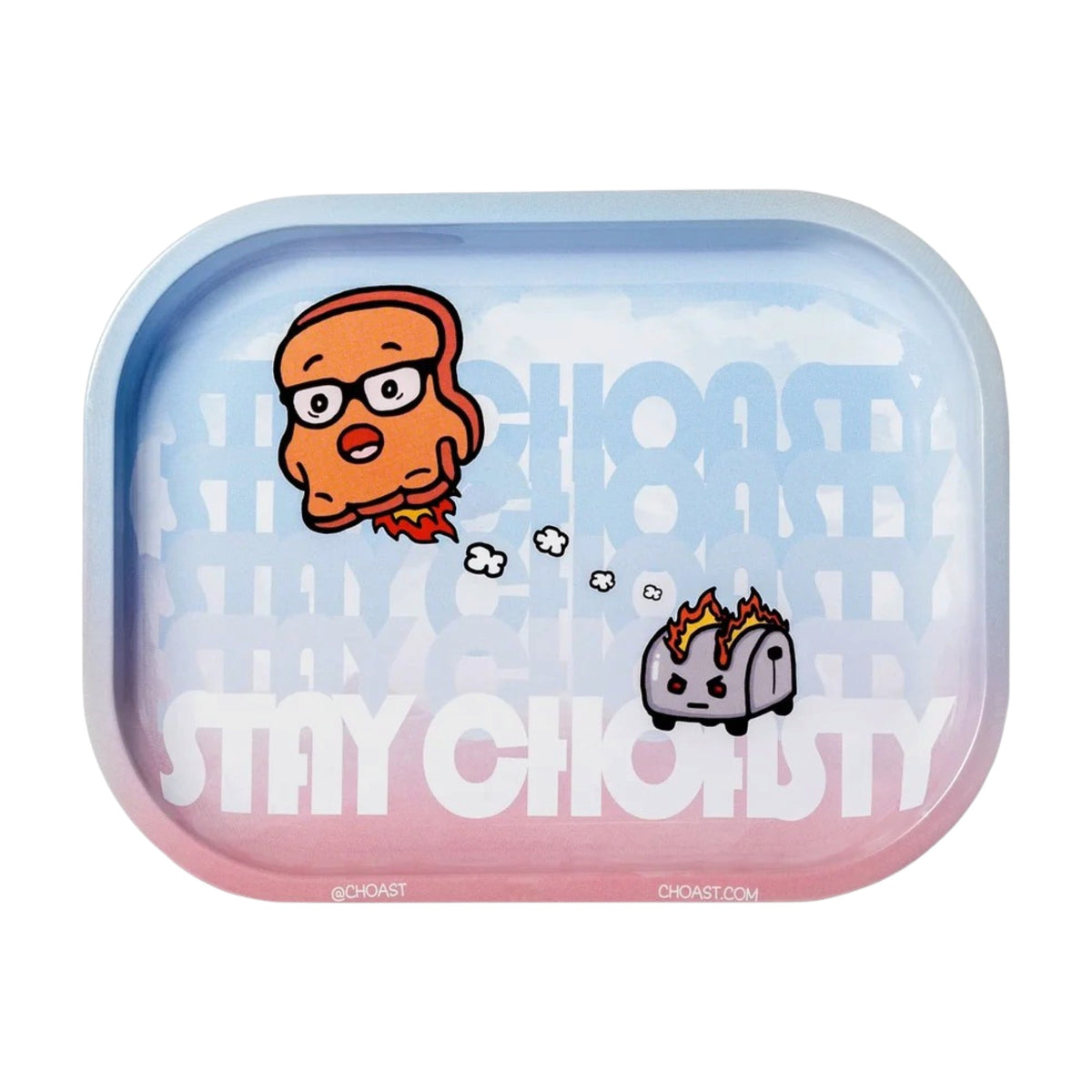 Light blue and pink Choast mini rolling tray with raised edges, featuring cartoon toast wearing glasses, a flaming toaster, and large white "Stay Choasty" lettering on a pastel background.
