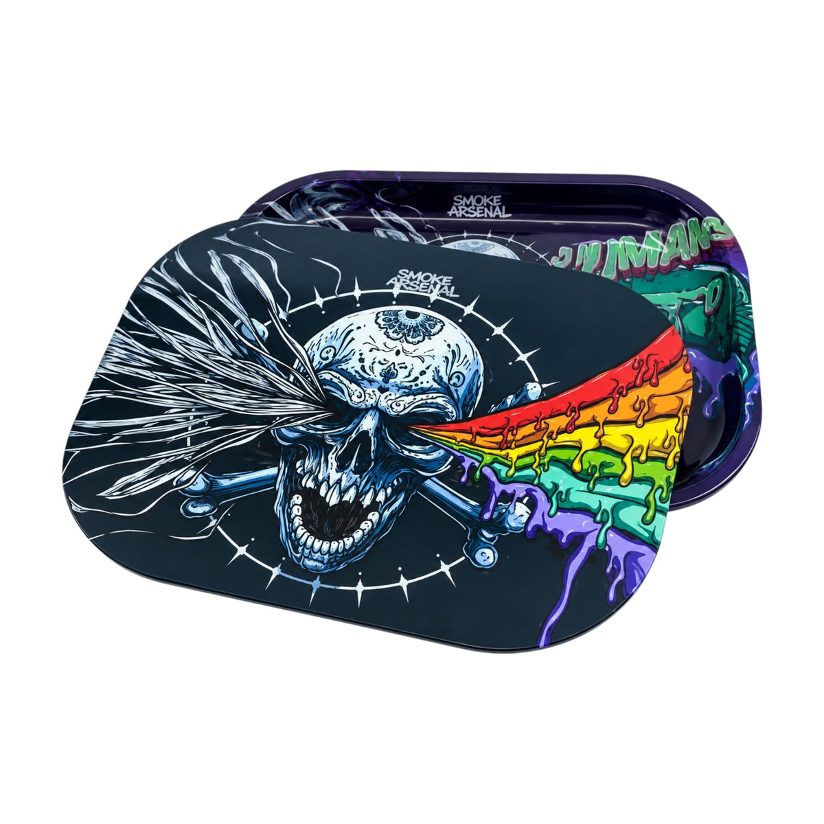 Angled view of the Smoke Arsenal Stoned Skull magnetic rolling tray cover featuring a blue skull, rainbow dripping artwork, silver streaks, and rounded rectangular edges on a white background.