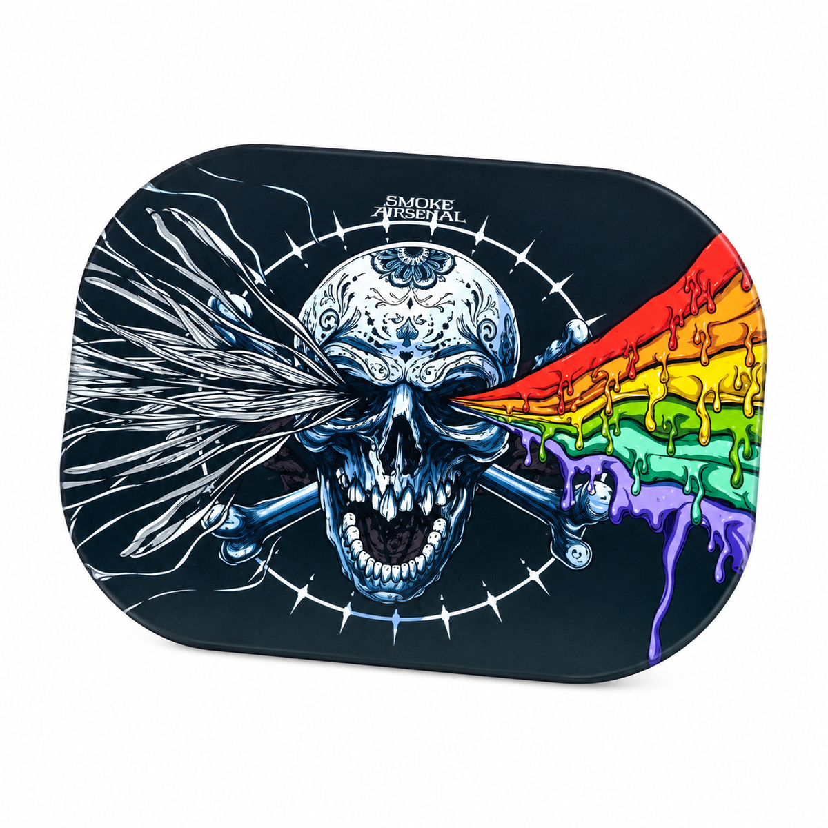 Smoke Arsenal Stoned Skull magnetic rolling tray cover with a blue and white skull, silver streaks extending from one eye, dripping rainbow colours from the other, and Smoke Arsenal branding on a black background. 