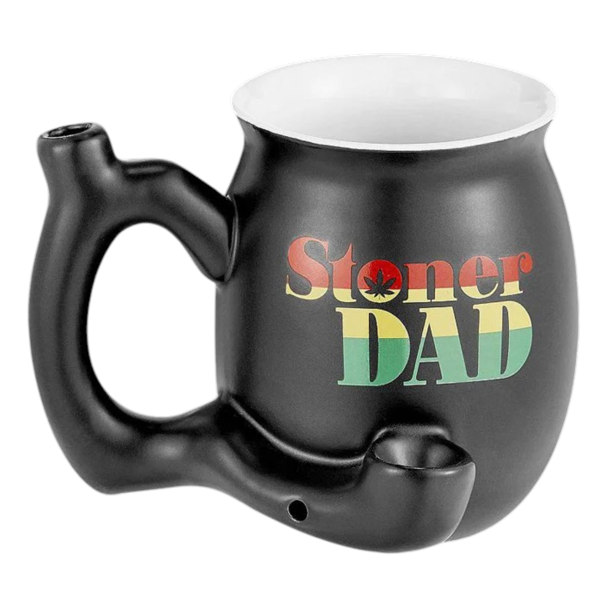 Black novelty mug pipe with a rounded cup shape, built-in handle mouthpiece, front bowl piece, small carb hole, and “Stoner Dad” text in red, yellow, and green with a cannabis leaf inside the letter O. The Wee Smoke Shop