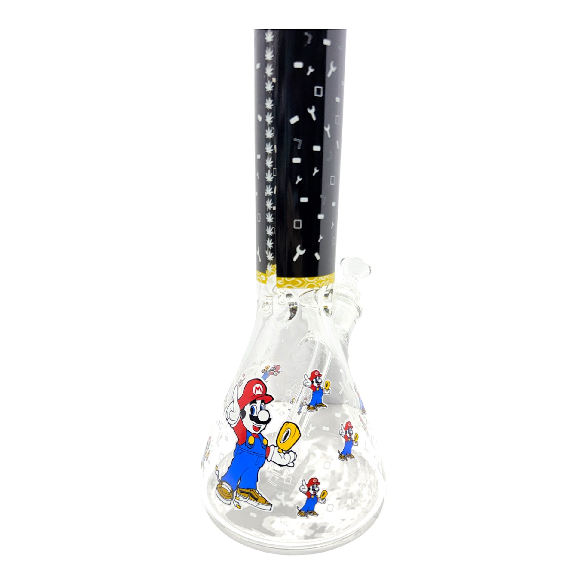 Glass bong with cartoon character design on a white background