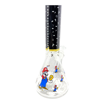 Glass bong with cartoon character design on a white background
