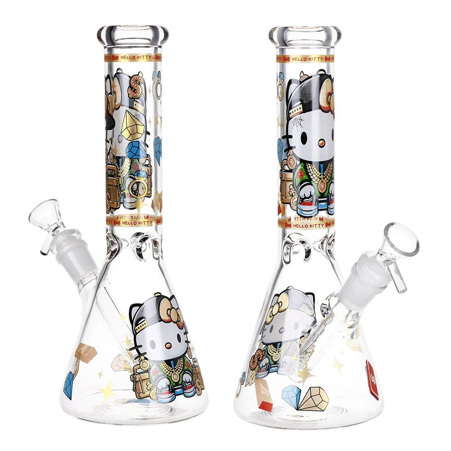 Swagged Out Kitty 10-inch beaker glass water pipe with colourful decals, bowl, downstem, and clear glass base. - The Wee Smoke Shop