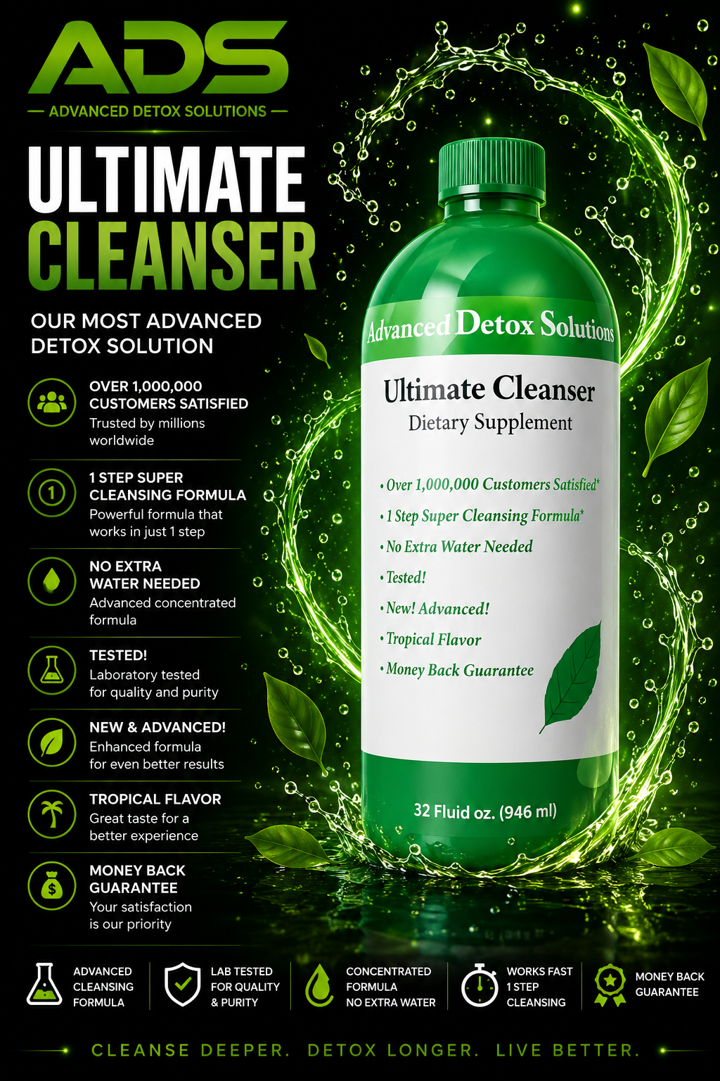 Bottle of Advanced Detox Solutions Ultimate Cleanser with product details on a green background