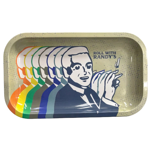 Rectangular metal rolling tray with rounded corners, featuring a retro-style illustration of a man holding a joint, layered silhouettes in orange, yellow, green, grey, and blue, and "Roll With Randy's" lettering on a beige background with blue speckles.