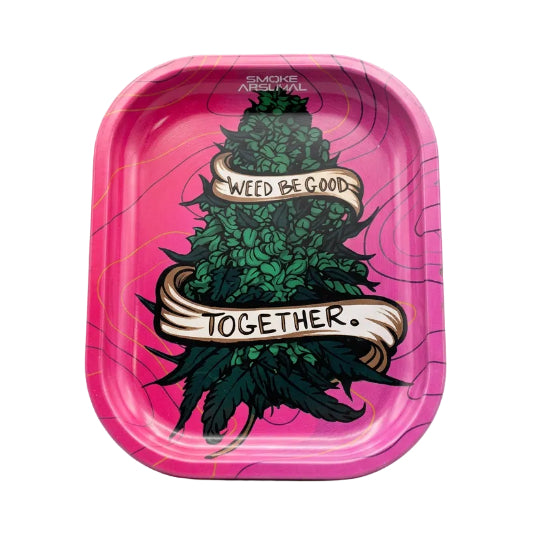 A pink mini rolling tray with a graphic of cannabis leaves and the text 'WEED BE GOOD TOGETHER'. on white background