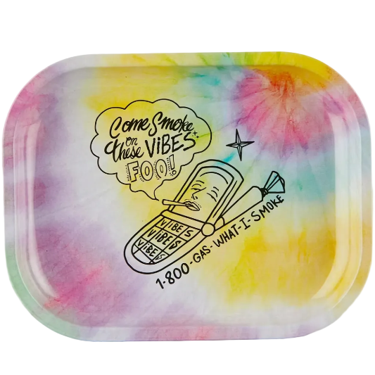 What I Smoke Mini Rolling Tray displaying a tie-dye style tray with a phone inviting you to smoke on these good vibes on white background