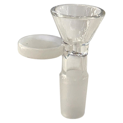 Clear 14mm glass bowl piece with a frosted male joint, funnel-shaped bowl, and flat white side handle. - The Wee Smoke Shop
