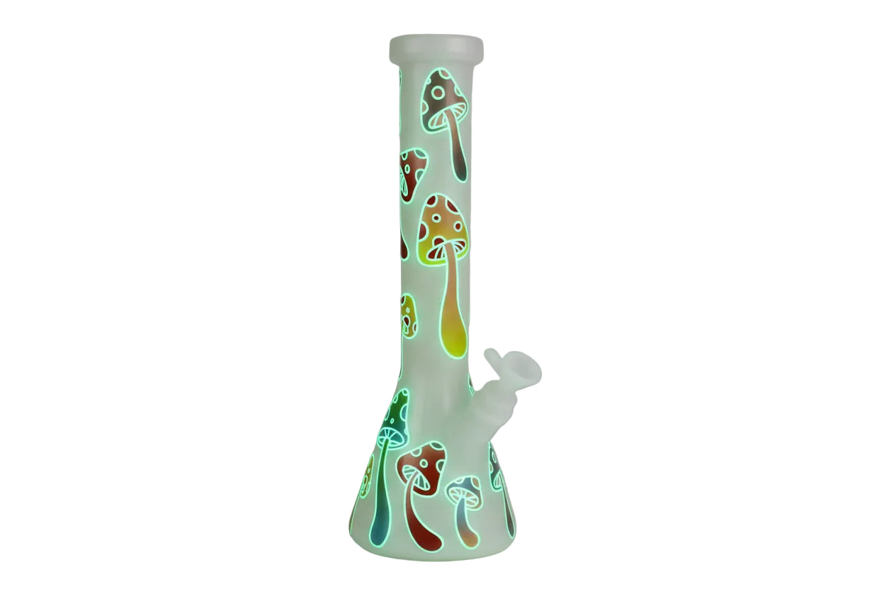 Red Eye 15" Glass Glow-in-the-Dark Magic Mushroom - White - The Wee Smoke Shop