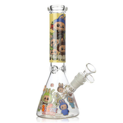 Glass bong with cartoon character design on a white background