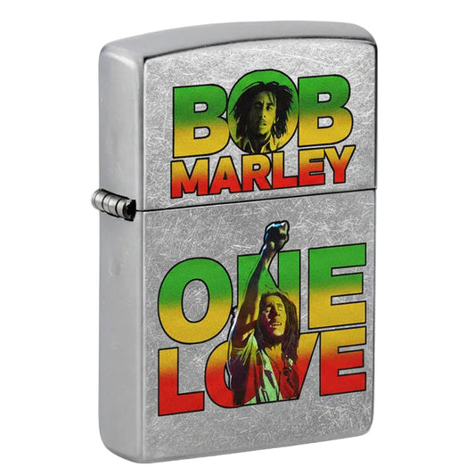 Zippo lighters with Bob Marley 'One Love' design on a white background