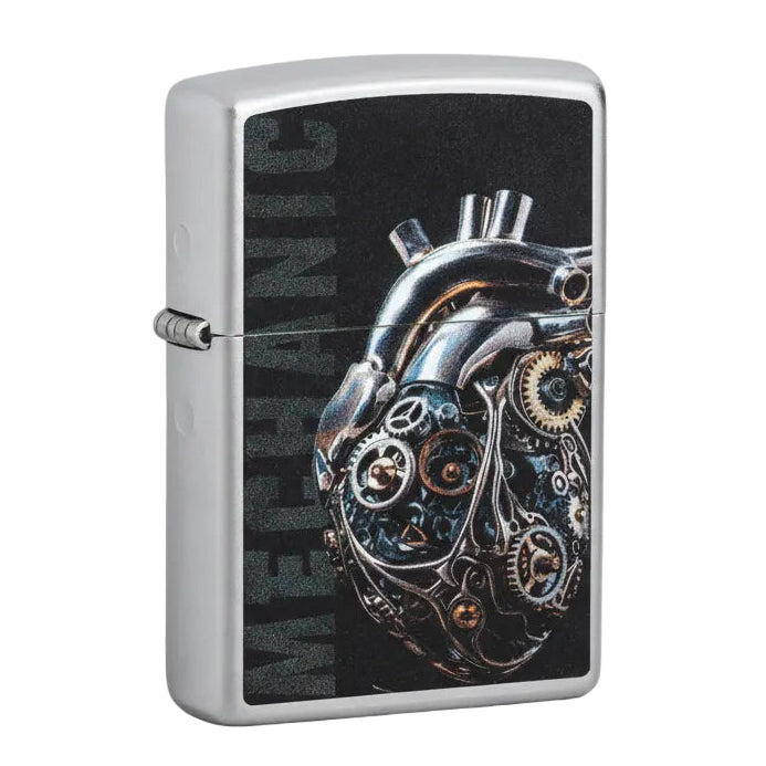 Silver Zippo lighter with dark mechanical heart artwork made of gears and metal parts. - The Wee Smoke Shop